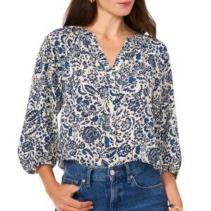 79$ Vince Camuto Printed Button Front Blouse Top Short Sleeves Size XXS Blue
